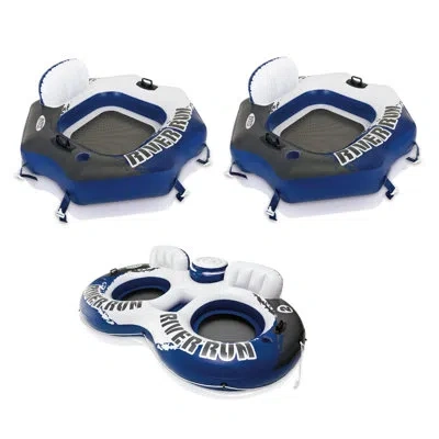 Intex River Run Connect Inflatable Water Raft (2 Pack) + 2 Person Cooler Tube In Blue;black;white
