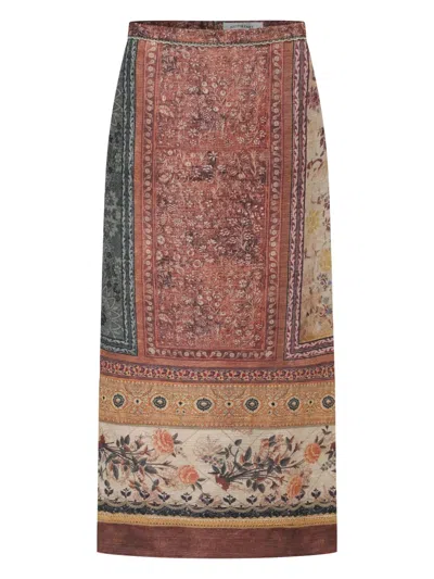 Into The East Abstract-pattern Midi Skirt In 红色