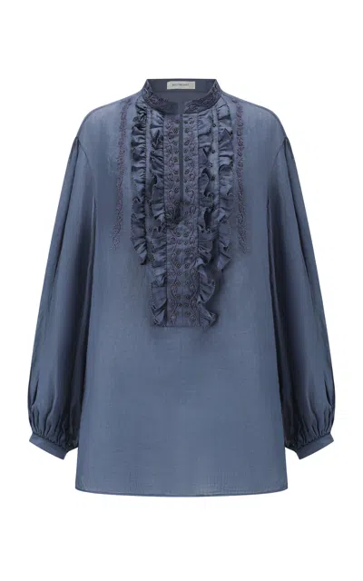 Into The East Beaded Embroidered Ruffle Edge Top In Blue