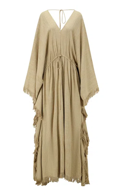 Into The East Drawstring Fringe Silk Maxi Dress In Brown