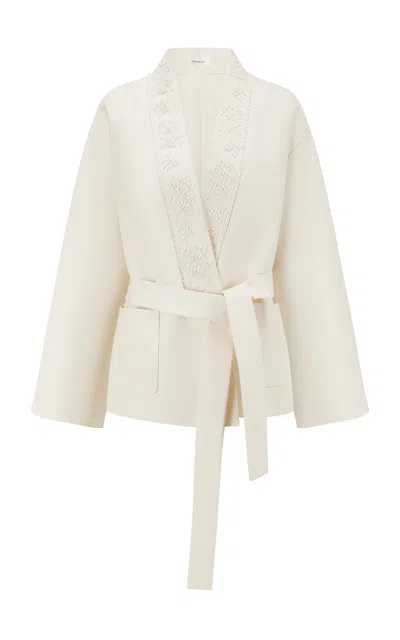 Into The East Embroidered Beaded Collar Open Front Silk-linen Jacket In White
