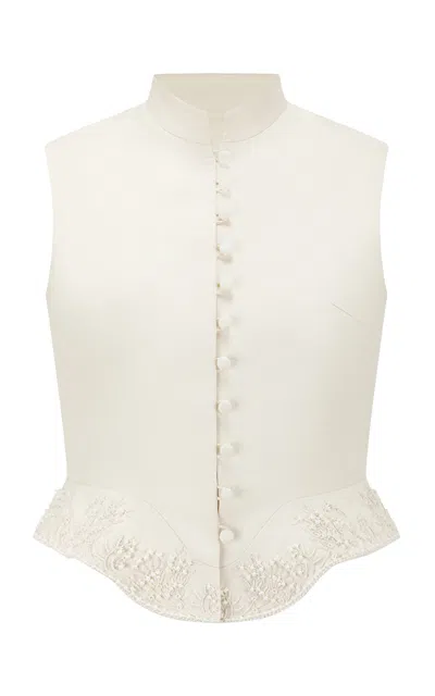 Into The East Embroidered Beaded Mandarin Collar Silk-linen Vest In White