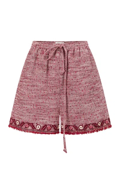 Into The East Embroidered Cotton; Wool And Linen Shorts In Red