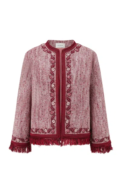 Into The East Embroidered Fringe Cotton; Wool And Linen Jacket In Red