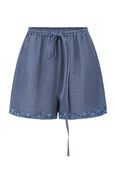 Into The East Embroidered Linen Shorts In Blue
