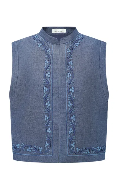 Into The East Embroidered Linen Vest In Blue