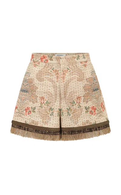Into The East Floral Scroll Fringe Hem Silk-linen Shorts