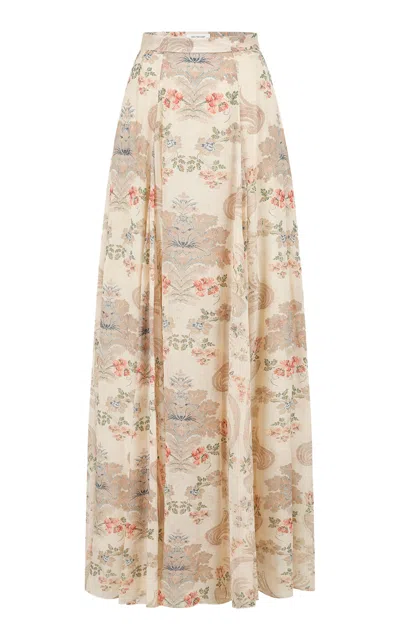 Into The East Floral Scroll Full Flare Silk-blend Maxi Skirt In Transparent