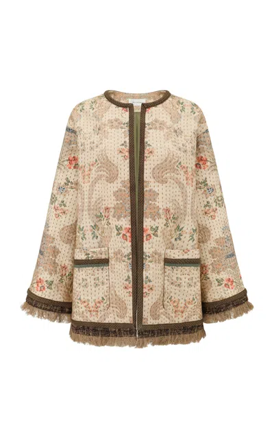 Into The East Floral Scroll Handcrafted Fringe Beaded Open Front Silk-linen Jacket