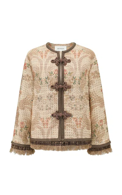 Into The East Floral Scroll Handcrafted Fringe Beaded Silk-linen Jacket In Blue
