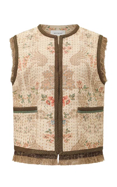Into The East Floral Scroll Handcrafted Fringe Beaded Silk-linen Vest