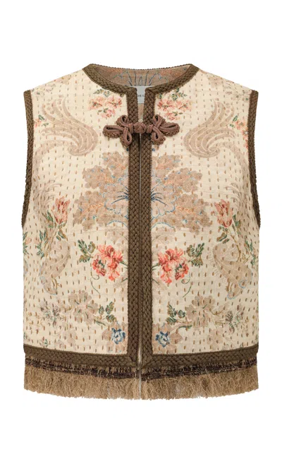 Into The East Floral Scroll Handcrafted Fringe Beaded Silk-linen Vest