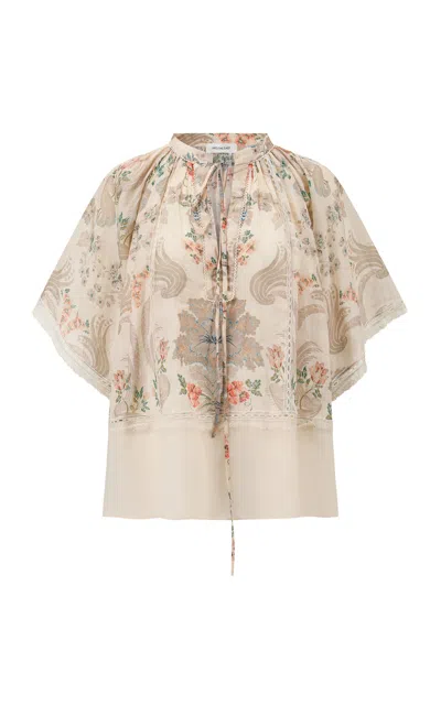 Into The East Floral Scroll Lace Trim Flutter Sleeve Top