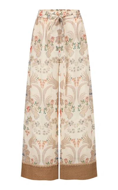 Into The East Floral Scroll Linen Straight Leg Pants In White