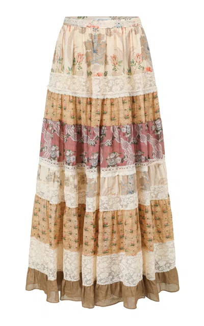Into The East Floral Scroll Multi-layer Lace Paneled Maxi Skirt In Brown