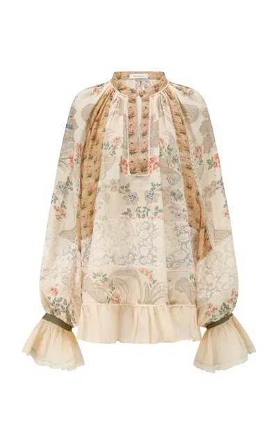 Into The East Floral Scroll Patchwork Lace Puff Sleeve Top
