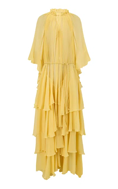 Into The East Gardenia Ruffle Silk Maxi Dress In Yellow