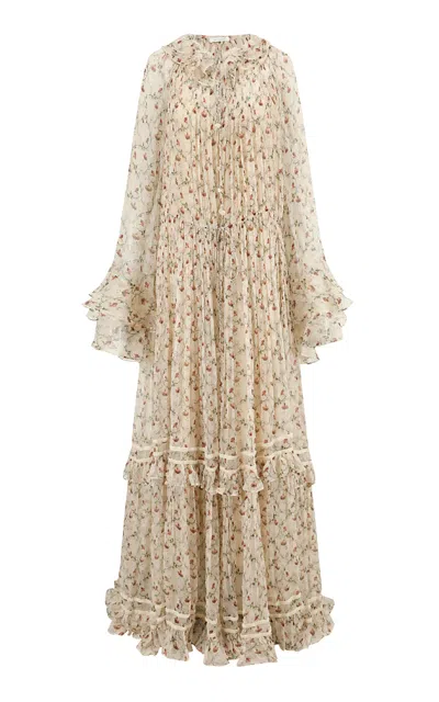 Into The East Hibiscus Vine Pleated Silk Maxi Dress In Neutral
