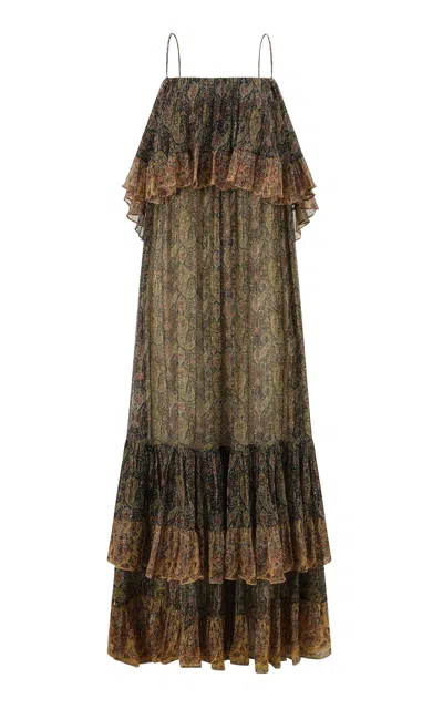 Into The East Paisley Ruffled Silk-blend Maxi Dress In Green