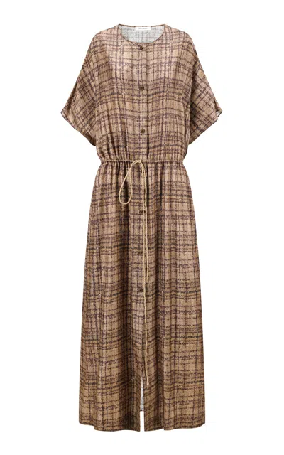 Into The East Plaid Ombre Drawstring Cinched Silk Maxi Dress In Stripe