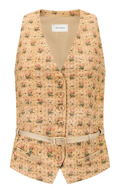 Into The East Rose V-neck Belted Silk-linen Vest In Floral