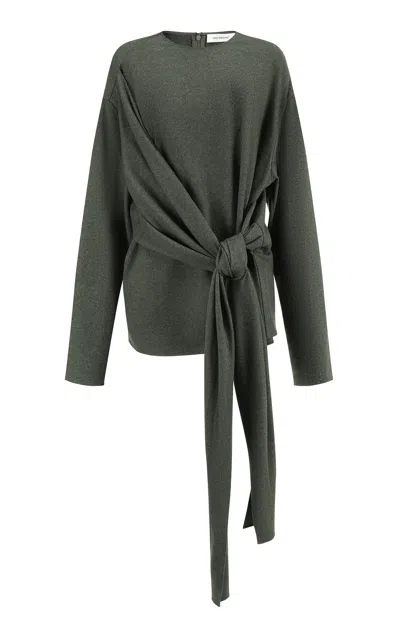 Into The East Ruched Wool-silk Top In Green