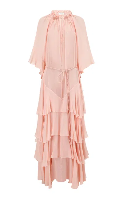 Into The East Ruffle Silk Maxi Dress In Light Pink