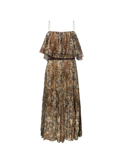Into The East Ruffled-overlay Tiered Maxi Dress In Brown