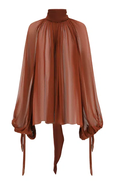 Into The East Shunyu Ruched Silk Top In Brown