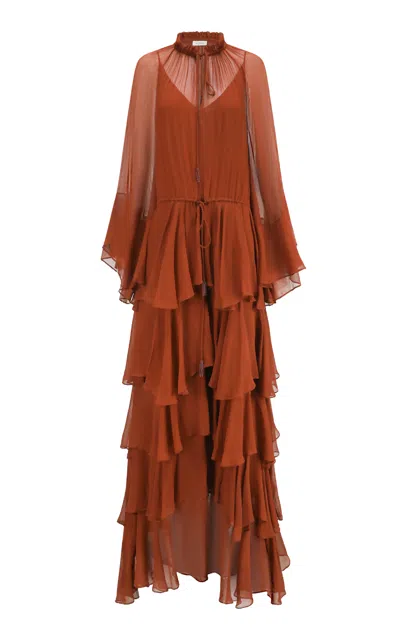 Into The East Shunyu Ruffled Silk Maxi Dress In Orange