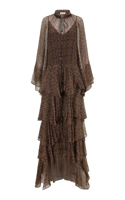 Into The East Sonneratia Ruffled Silk Maxi Dress In Brown