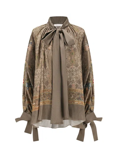 Into The East Women Moss Green Printed Silk Tie-front Shirt