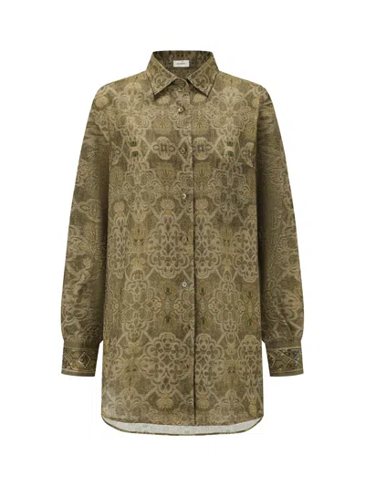 Into The East Women Moss Green Tone-on-tone Printed Linen Shirt