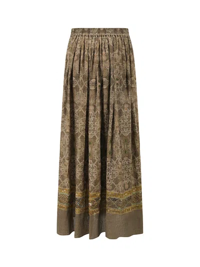 Into The East Women Moss Green Tone-on-tone Printed Linen Skirt
