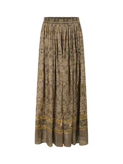 Into The East Women Moss Green Tone-on-tone Printed Linen Skirt