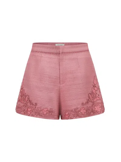 Into The East Women Soft Pink Embroidered Tussah Silk Shorts