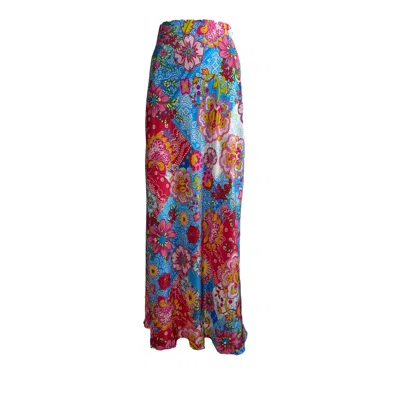 Introvertie Vienna Women's Blue / White Oia Bias Cut Silk Maxi Skirt - Pink Petal Patchwork In Blue/white
