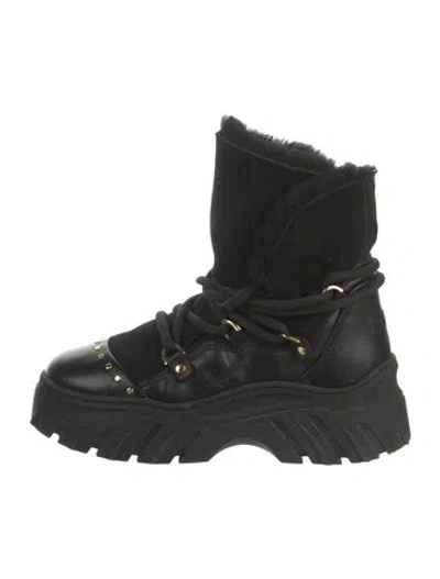 Pre-owned Inuikii Leather Fur Trim Combat Boots In Black