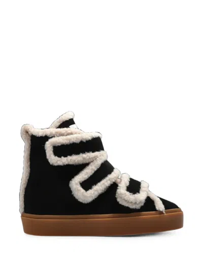 Inuikii Shearling Velcro Wedge Touch-strap Sneakers In Black