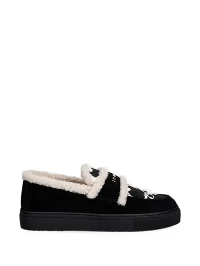Inuikii Shearling-trim Cow-print Loafers In Black