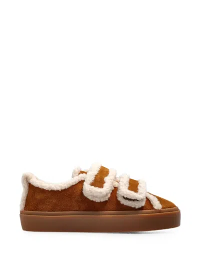 Inuikii Shearling-trim Touch-strap Low Sneakers In Brown