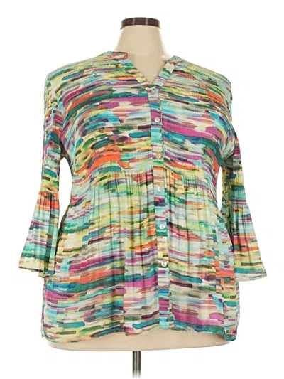 Pre-owned Investments Long Sleeve Top Green V-neck Tops