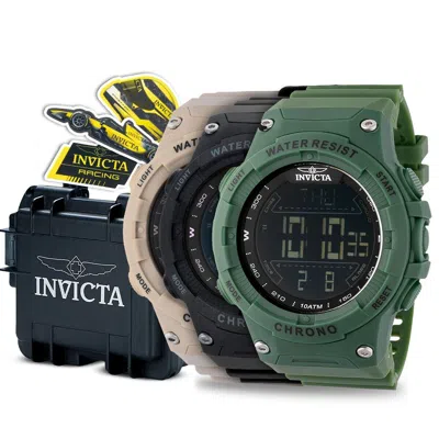 Pre-owned Invicta 52mm Racing Digital Men's Triple Watch Bundle W/ Stickers & 3 Slot Case