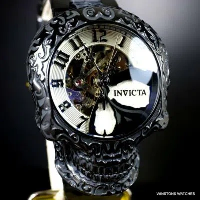 Pre-owned Invicta Artist Skull Automatic Skeletonized Black Stainless Steel 50mm Watch