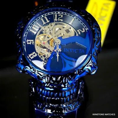 Pre-owned Invicta Artist Skull Automatic Skeletonized Blue Stainless Steel 50mm Watch