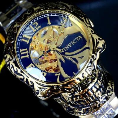 Pre-owned Invicta Artist Skull Automatic Skeletonized Gold Plated Steel 50mm Watch