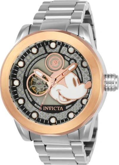 Pre-owned Invicta Disney Mickey 22744 "open Heart" Silver/rose Auto 50mm Men's W/dive Case