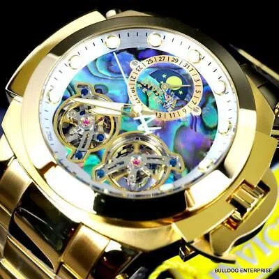 Pre-owned Invicta Man Of War Double Open Heart Automatic Moon Abalone Gold Plate Watch