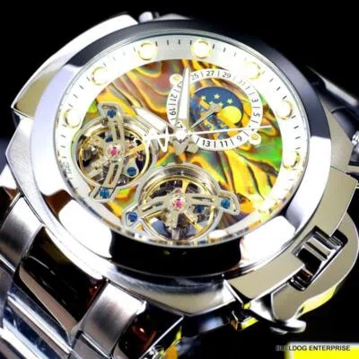 Pre-owned Invicta Man Of War Double Open Heart Automatic Moon Abalone Yellow Watch
