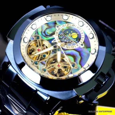 Pre-owned Invicta Man Of War Double Open Heart Automatic Moon Phase Abalone Blue Watch